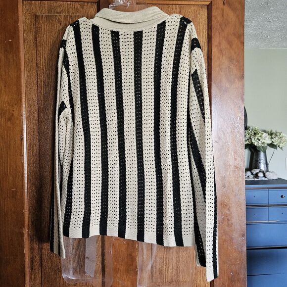 Women’s Striped Crochet Button Collared Cardigan Tan Black Mesh Lightweight, New - Picture 5 of 9